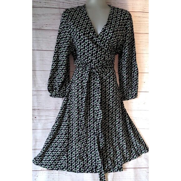 Women's Dress AK Anne Klein Wrap Green Black Long Sleeves Below Knee Knit SizeXL - Picture 1 of 12